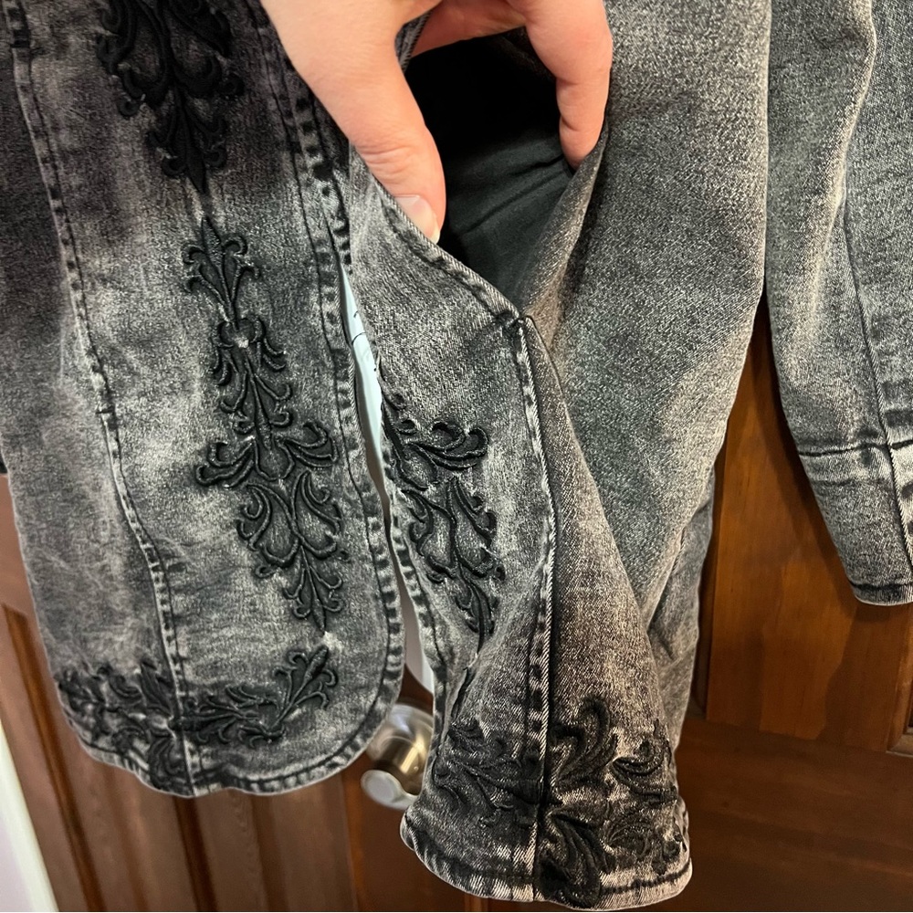 Soft Surroundings Charcoal Embroidered Tunic Military Denim Jacket Black Washed - Picture 9 of 16